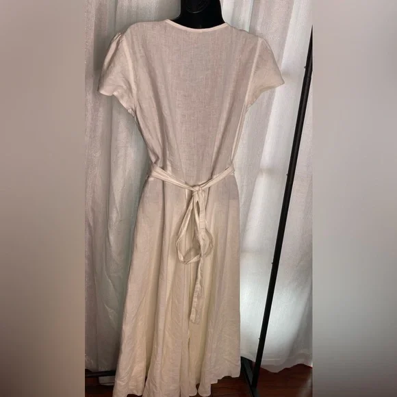 short sleeve white linen dress White wedding wrap summer linen dress 4895